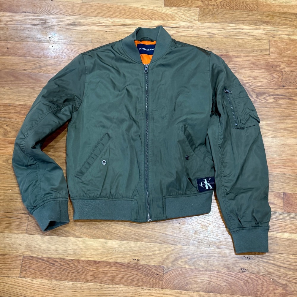 Calvin Klein Jeans Mens Olive Green Bomber Flight Jacket Orange Lining Size M
